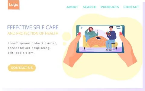 Internet website page layout. Guy gives fresh fruit to sick girl. Effective self Illustrazione stock