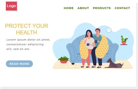 Internet website page layout. Sick couple sitting on sofa during quarantine Illustrazione stock