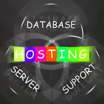 Internet words displays hosting database server and support Stock Illustration