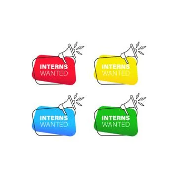 Interns wanted. Badge with megaphone icon set in flat style. Vector on isolat Stock Illustration