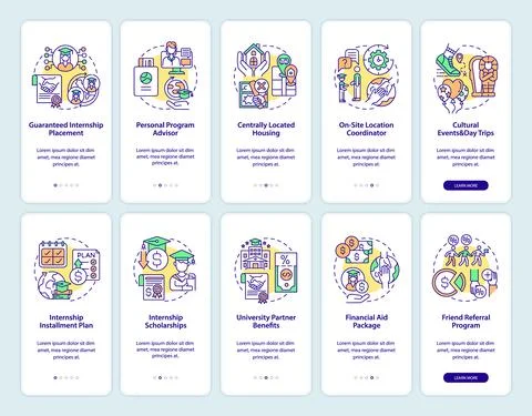 Internship programs onboarding mobile app page screens set Illustrazione stock