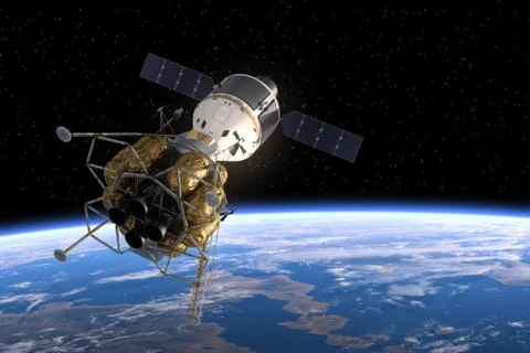 Interplanetary Space Station Orbiting Earth. Stock Illustration