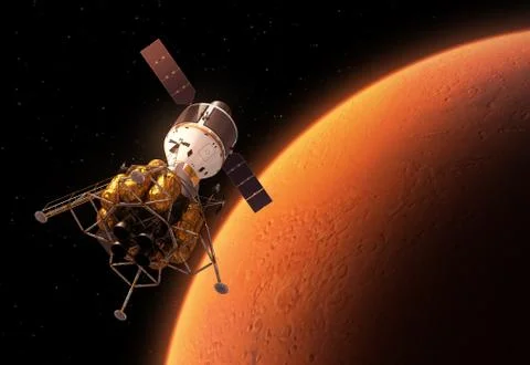 Interplanetary Space Station Orbiting Red Planet Stock Illustration