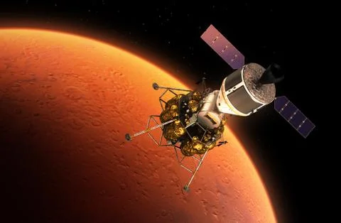 Interplanetary Space Station Orbiting Red Planet Stock Illustration