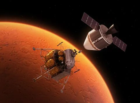 Interplanetary Space Station Orbiting Red Planet Stock Illustration