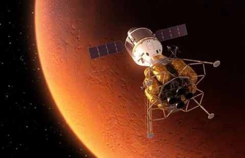 Interplanetary Space Station Orbiting Red Planet Stock Photos