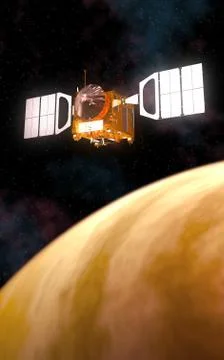 Interplanetary Space Station Orbiting Yellow Planet Stock Illustration