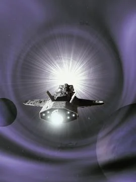 Interplanetary Spaceship Approaching a Purple Wormhole Illustrazione stock