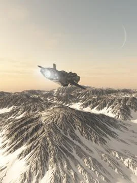 Interplanetary Spaceship Flying Over Snow Covered Mountains Stock Illustration