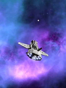 Interplanetary Spaceship Flying Towards a Nebula Stock Illustration