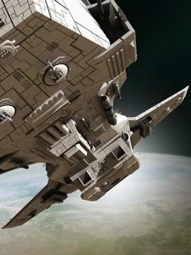 Interplanetary Spaceship Leaving Orbit, Close View Stock Illustration