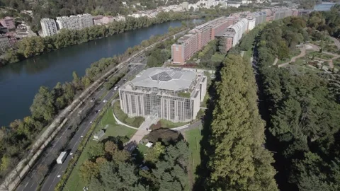 Interpol Headquarters Semi-Circle Drone Flyby Stock Footage 323797399