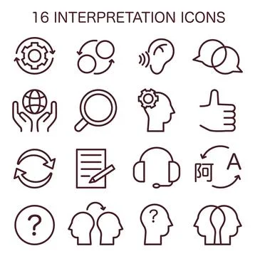 Interpretation icons set. Data literacy. Information understanding, analysis Illustrazione stock