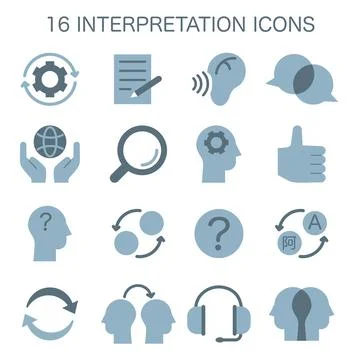 Interpretation icons set. Data literacy. Information understanding, analysis Illustrazione stock