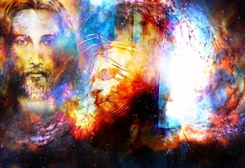 Interpretation of Jesus on the cross in cosmic space. Stock Illustration