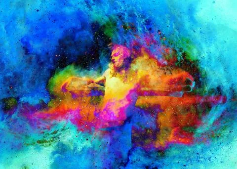 Interpretation of Jesus on the cross in cosmic space. Stock Illustration