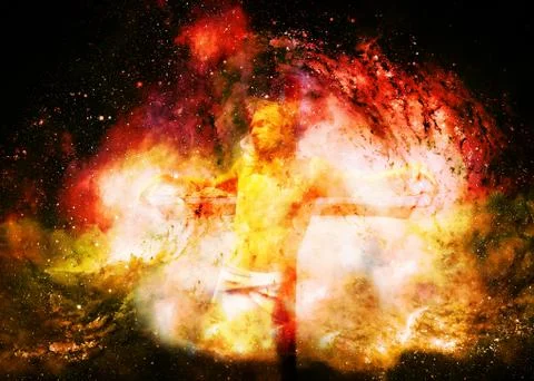 Interpretation of Jesus on the cross in cosmic space. Fire effect. Ilustración de archivo