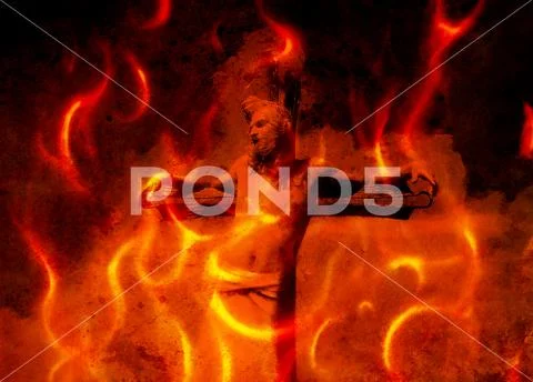 Interpretation of Jesus on the cross, graphic painting version. Fire effect. Stock Illustration
