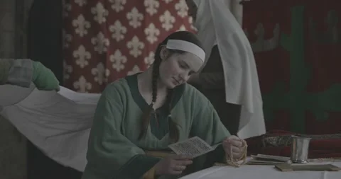 Interpretation of medieval noble lady reading letter #3 Stock Footage 152075083