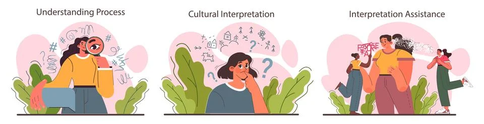 Interpretation set. Data literacy. Information understanding, analysis Stock Illustration