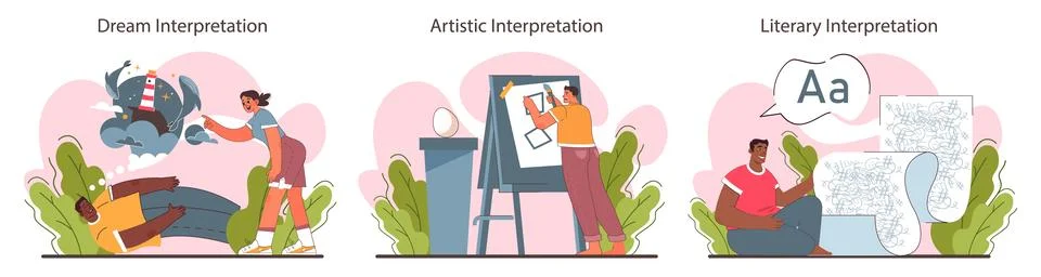 Interpretation set. Data literacy. Information understanding, analysis Illustrazione stock