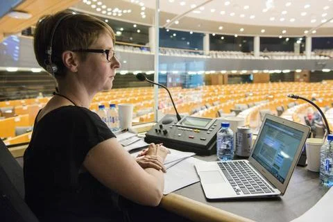  Interpreter s Boot Brussels, Belgium. Interpreters simultaniously transla... Stock Photos