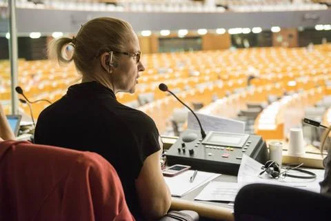  Interpreter s Boot Interpreters simultaniously translating the speeches h... Stock Photos