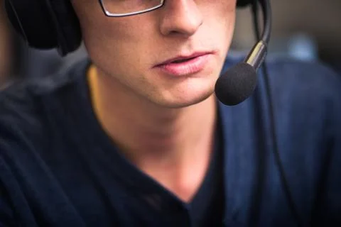 Interpreting - Male interpreter  simultaneous interpreter booth  스톡 사진