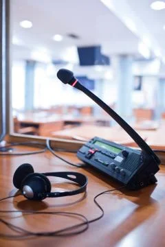 Interpreting - Microphone and switchboard in an simultaneous int Stock Photos
