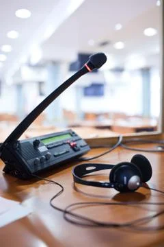 Interpreting - Microphone and switchboard in an simultaneous int 写真素材