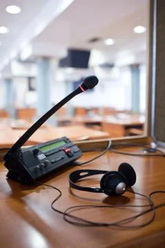 Interpreting - Microphone and switchboard in an simultaneous int Stock Photos