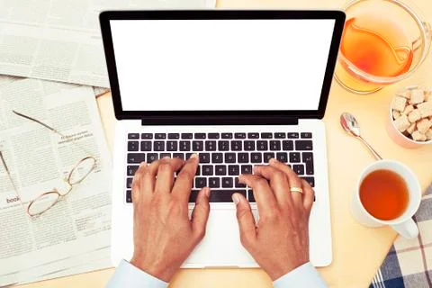 Interracial Businessman using device,  copy space Stock Photos