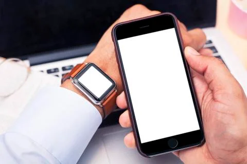 Interracial Businessman using device, copy space Stock Photos