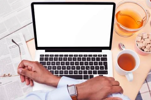 Interracial Businessman using device,  copy space Foto stock