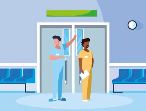 Interracial couple medicine workers in elevator door Ilustração Stock