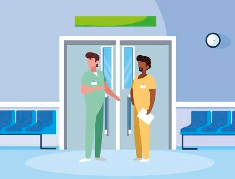 Interracial couple medicine workers in elevator door Ilustração Stock