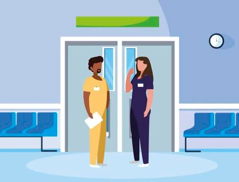 Interracial couple medicine workers in elevator door Stock Illustration