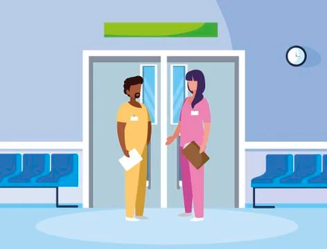 Interracial couple medicine workers in elevator door Ilustração Stock