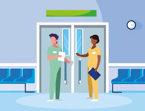 Interracial couple medicine workers in elevator door Ilustração Stock