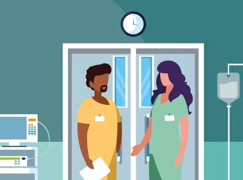 Interracial couple medicine workers in operating theater Stock Illustration