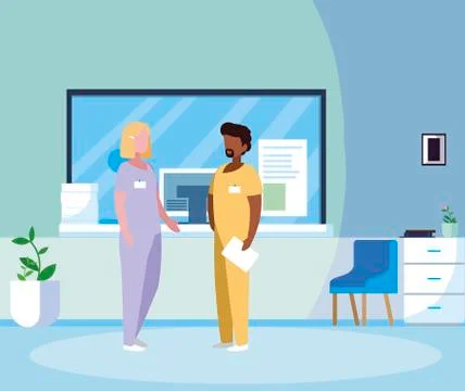 Interracial couple medicine workers in reception hospital Stock Illustration