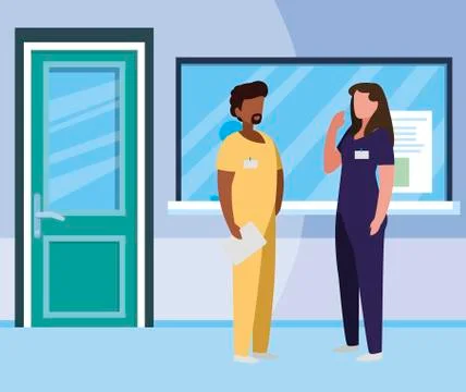 Interracial couple medicine workers in reception hospital 库存插图