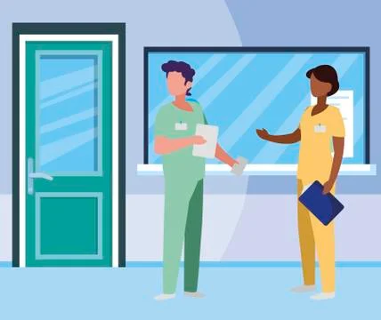 Interracial couple medicine workers in reception hospital Stock Illustration