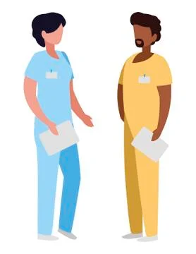 Interracial couple medicine workers with uniform characters Stockillustratie