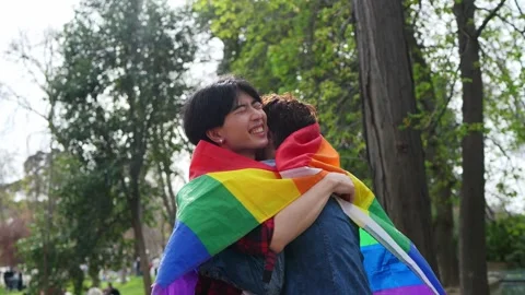 Interracial Couple Sharing a Moment Under LGBT Flag Stock-Footage 274293983