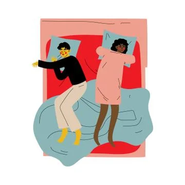 Interracial Couple Sleeping Together in Double Bed at Night, Girl Lying With Ilustração Stock