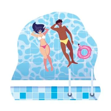 Interracial couple with swimsuit floating in pool Stock Illustration