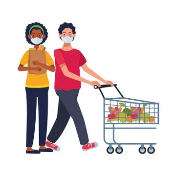Interracial couple using face masks in supermarket Ilustração Stock