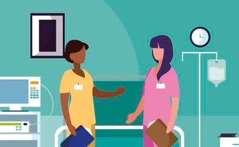 Interracial female medicine workers in operating theater 库存插图