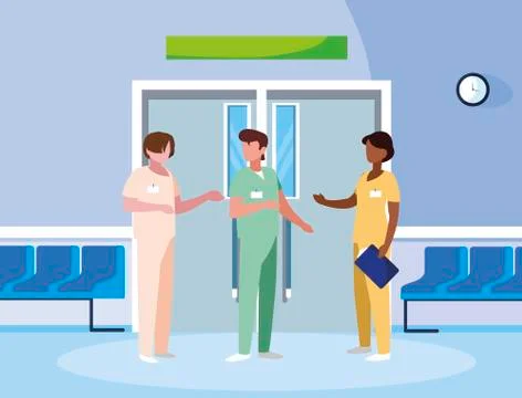 Interracial group medicine workers in elevator door Illustrazione stock